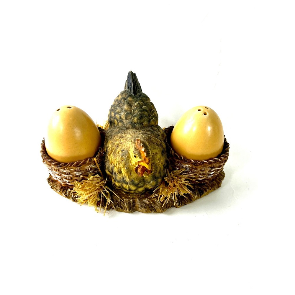 Hen in Nest Salt and Pepper Shaker Set Farmhouse Resin Chicken Ceramic Eggs